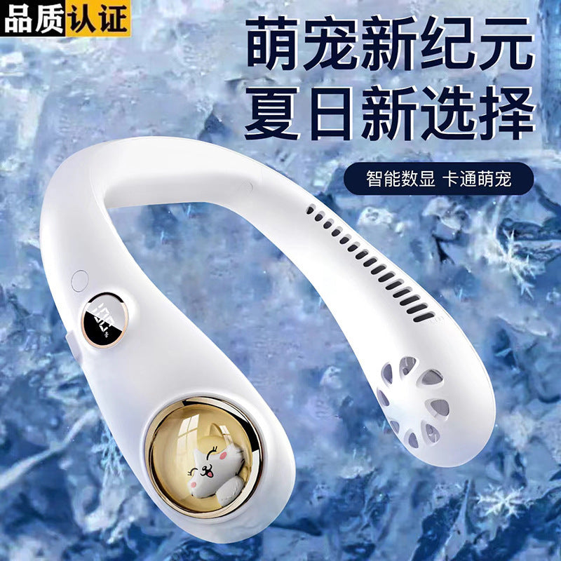 2025 new leafless hanging neck fan usb portable digital display hanging neck fan lazy hanging neck small fan gift