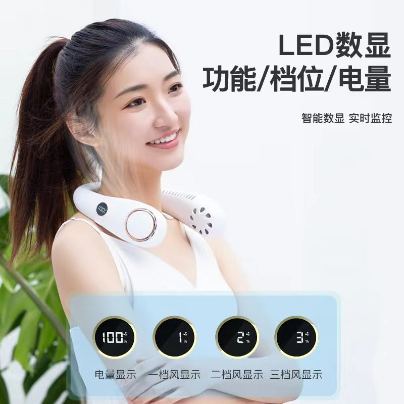 2025 new leafless hanging neck fan usb portable digital display hanging neck fan lazy hanging neck small fan gift