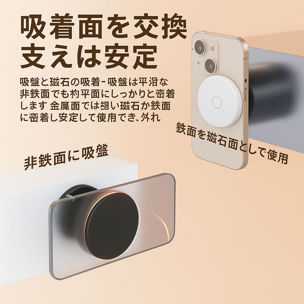 超強力マグネット式ホルダー — どこでも安全にスマホを固定！ 超強力マグネットで、スマートフォンをしっかり固定。 車内でもデスクでも、キッチンでも、安心して使える万能ホルダーです。